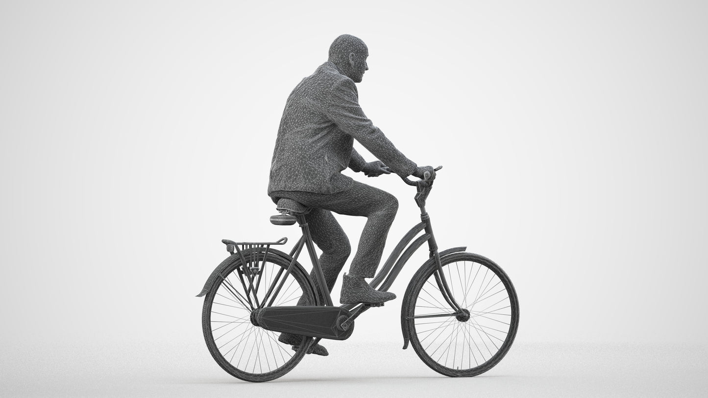 realistic 3D senior man business cycling, scanned archviz people for Blender and 3ds Max, wireframe side view