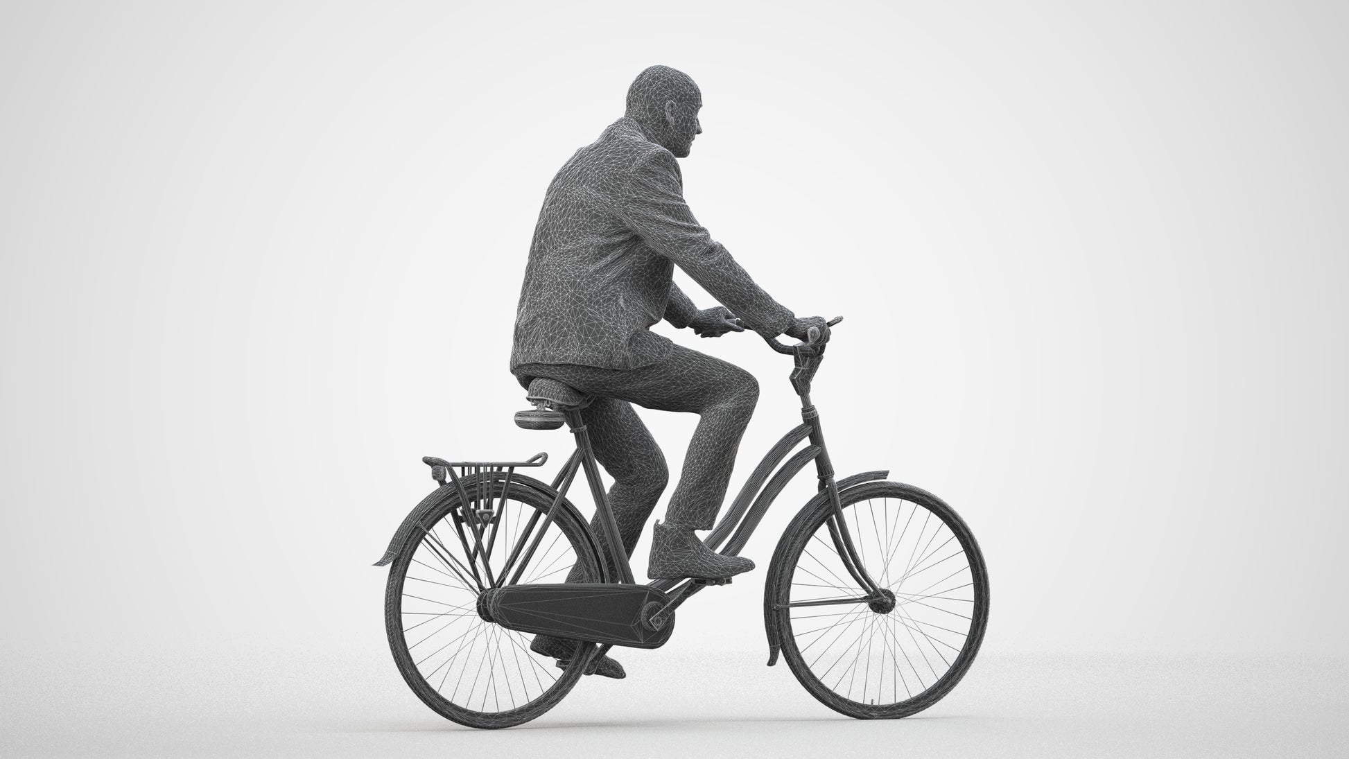 realistic 3D senior man business cycling, scanned archviz people for Blender and 3ds Max, wireframe side view