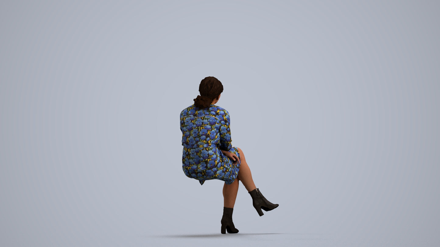 3D scanned woman sitting casual, photorealistic archviz people for Enscape and SketchUp, front view render