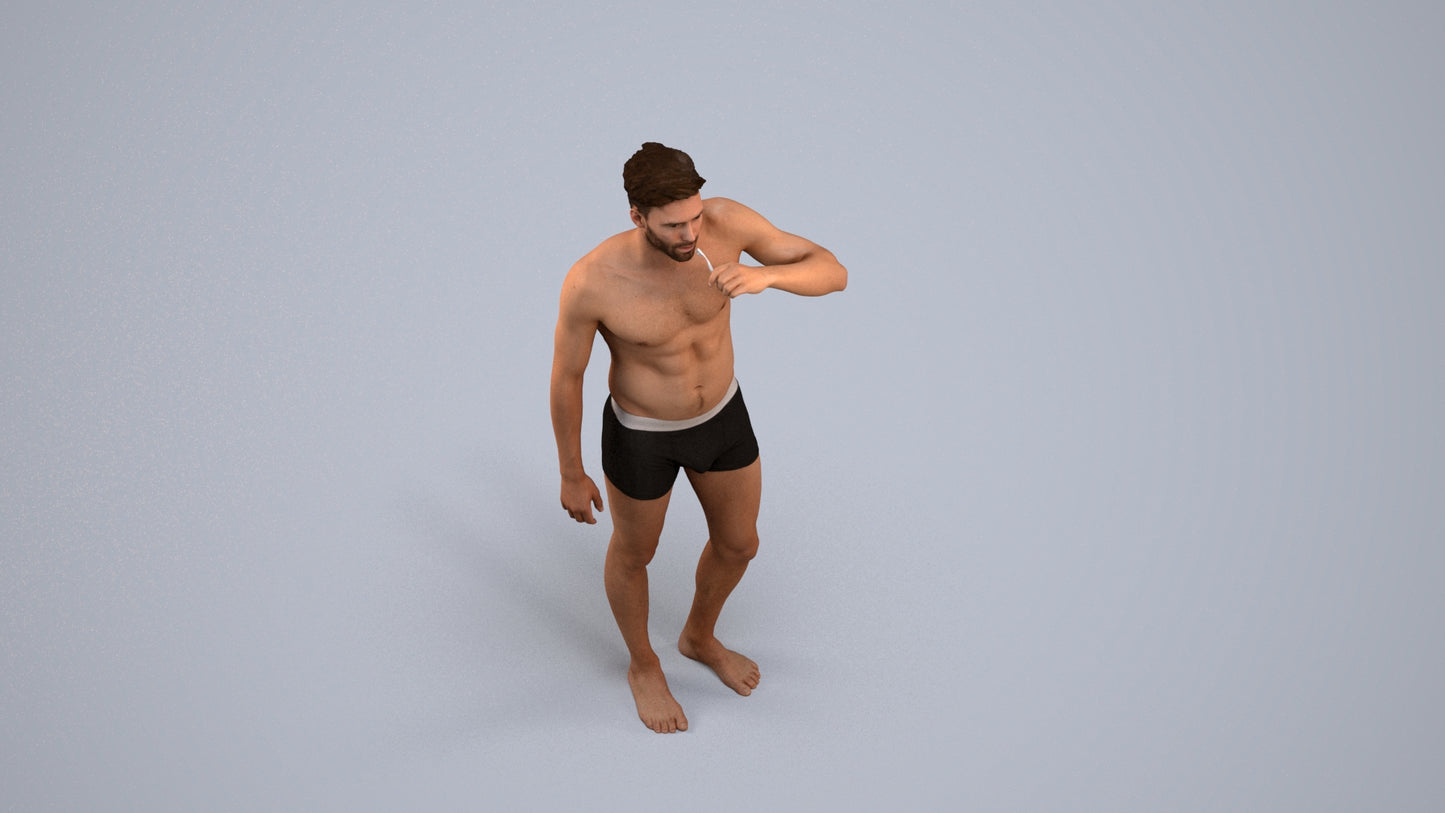 3D human model man bathroom, photogrammetry scanned person for archviz, back view render
