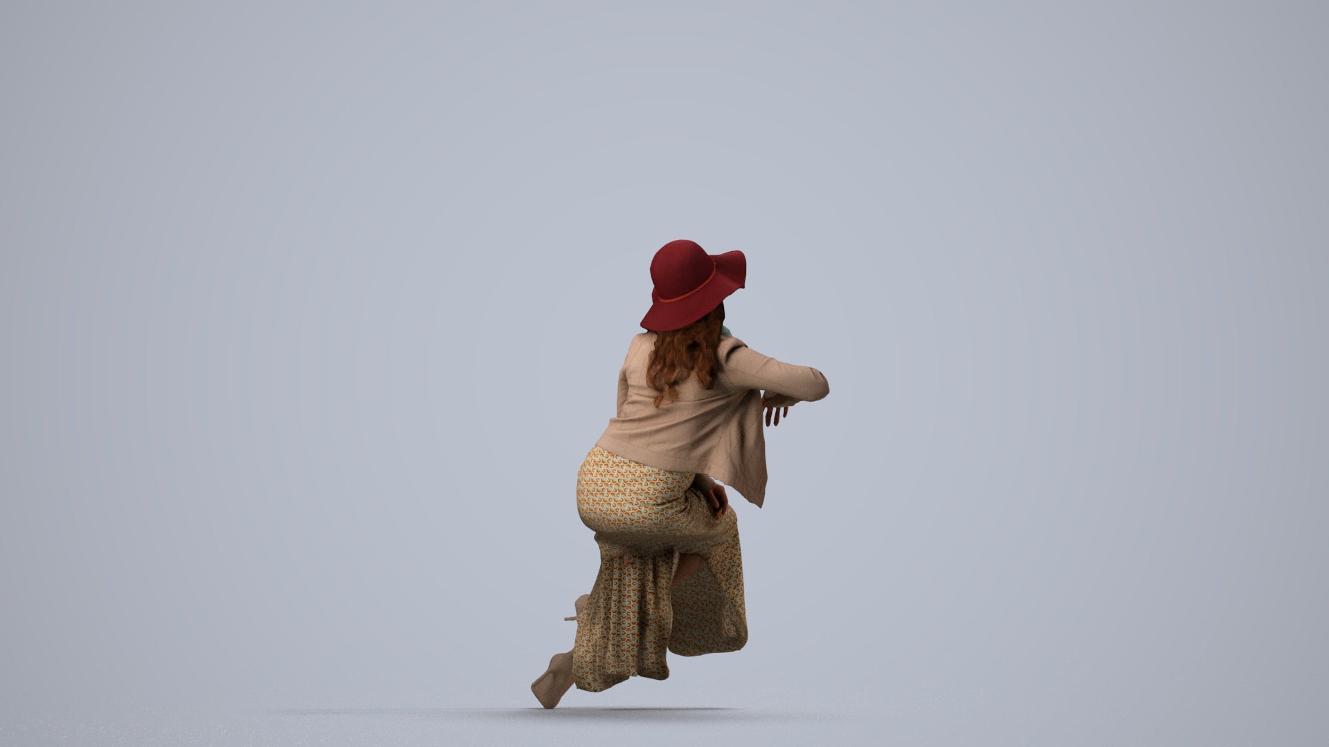 realistic 3D woman casual sitting, scanned archviz people for Blender and 3ds Max, side view render
