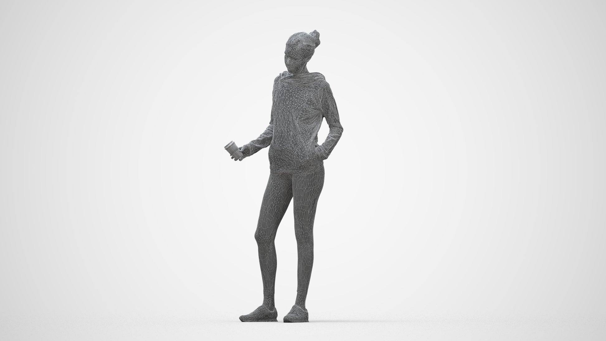 3D scanned woman standing sport, photorealistic archviz people for Enscape and SketchUp, wireframe back view