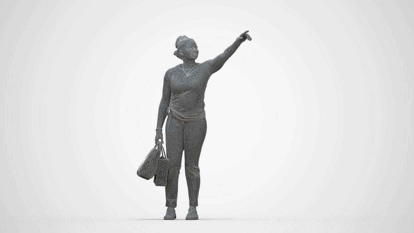 3D scanned woman standing casual, photorealistic archviz people for Enscape and SketchUp, wireframe back view