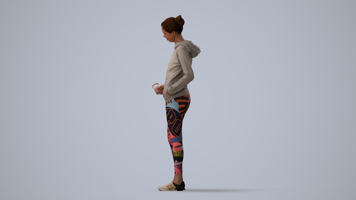 3D scanned woman standing sport, photorealistic archviz people for Enscape and SketchUp, three-quarter view render