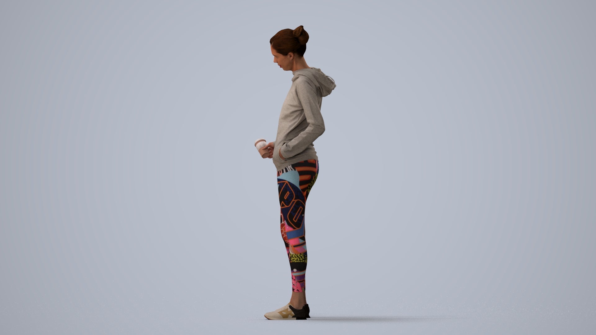 3D scanned woman standing sport, photorealistic archviz people for Enscape and SketchUp, three-quarter view render