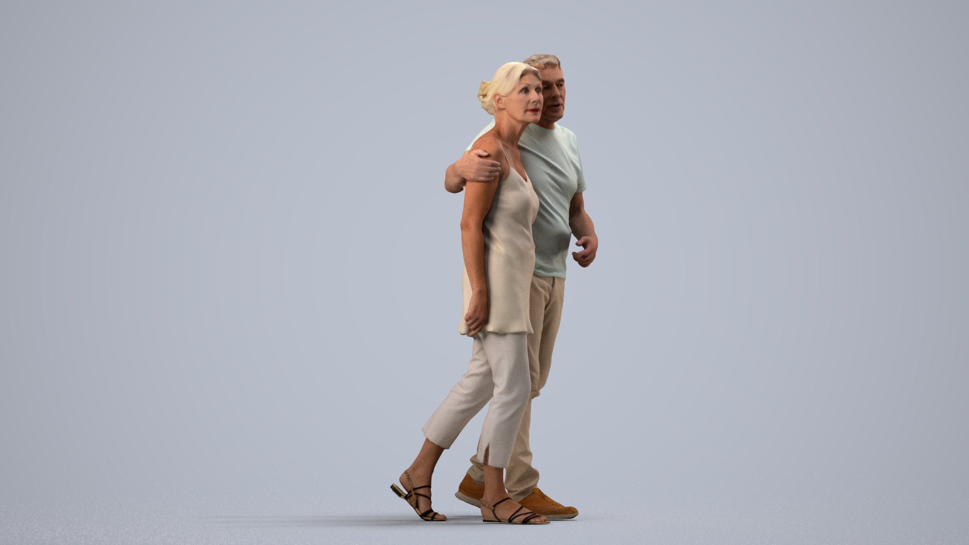 realistic 3D human senior woman casual couple, archviz people FBX OBJ for Blender, side view render