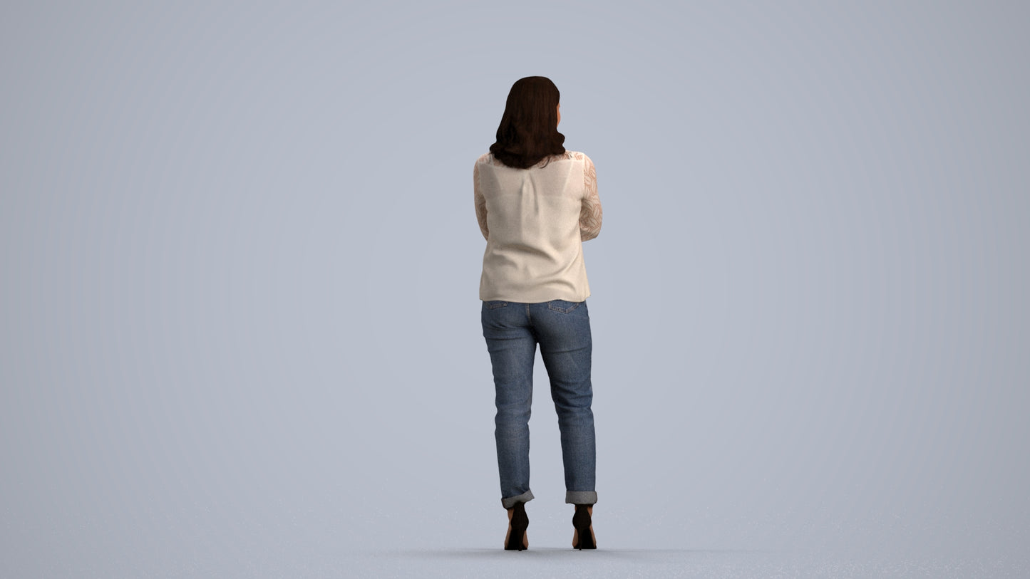 3D scanned woman standing casual, photorealistic archviz people for Enscape and SketchUp, front view render