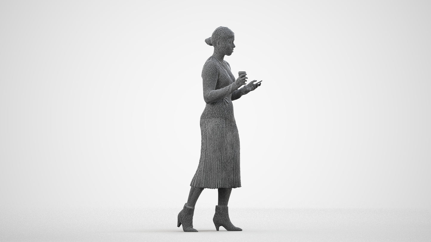 realistic 3D woman casual walking, scanned archviz people for Blender and 3ds Max, wireframe side view