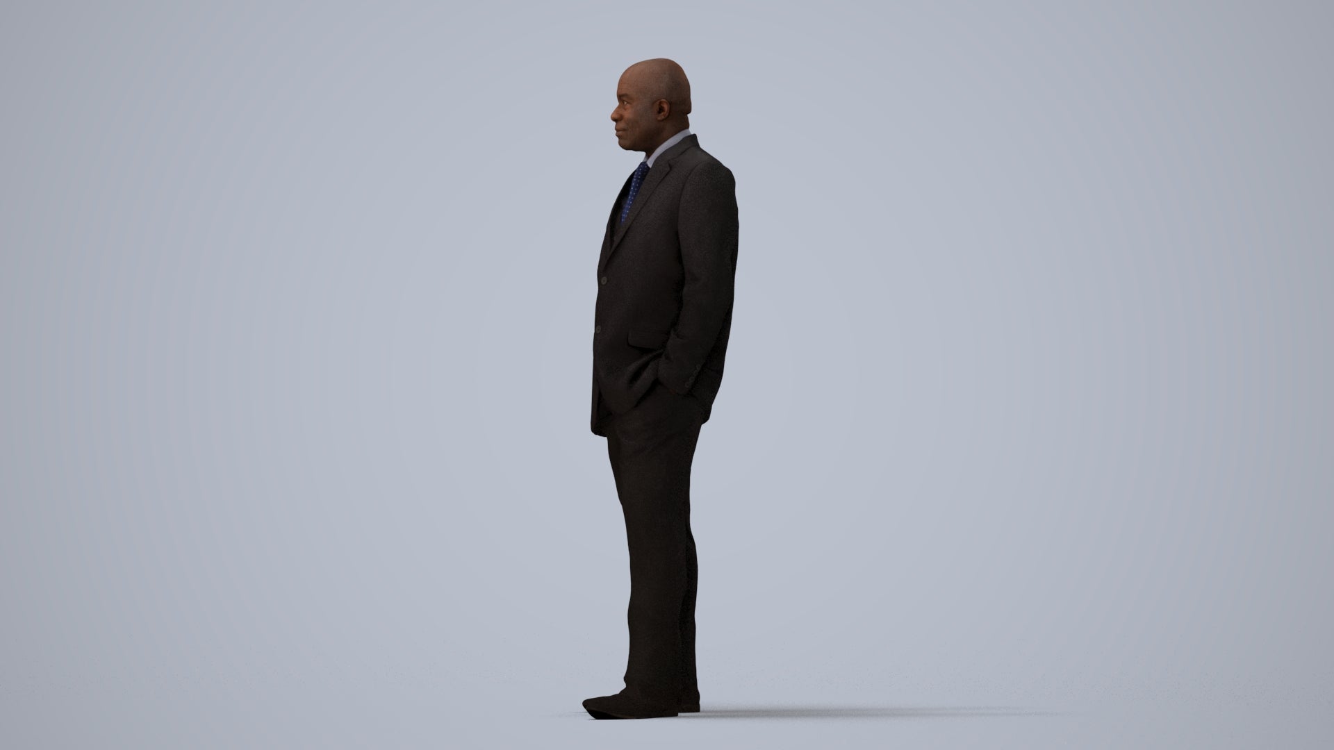 3D human model man business, photogrammetry scanned person for archviz, three-quarter view render