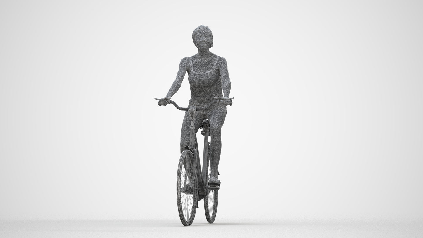 3D human model woman casual cycling, photogrammetry scanned person for archviz, wireframe back view