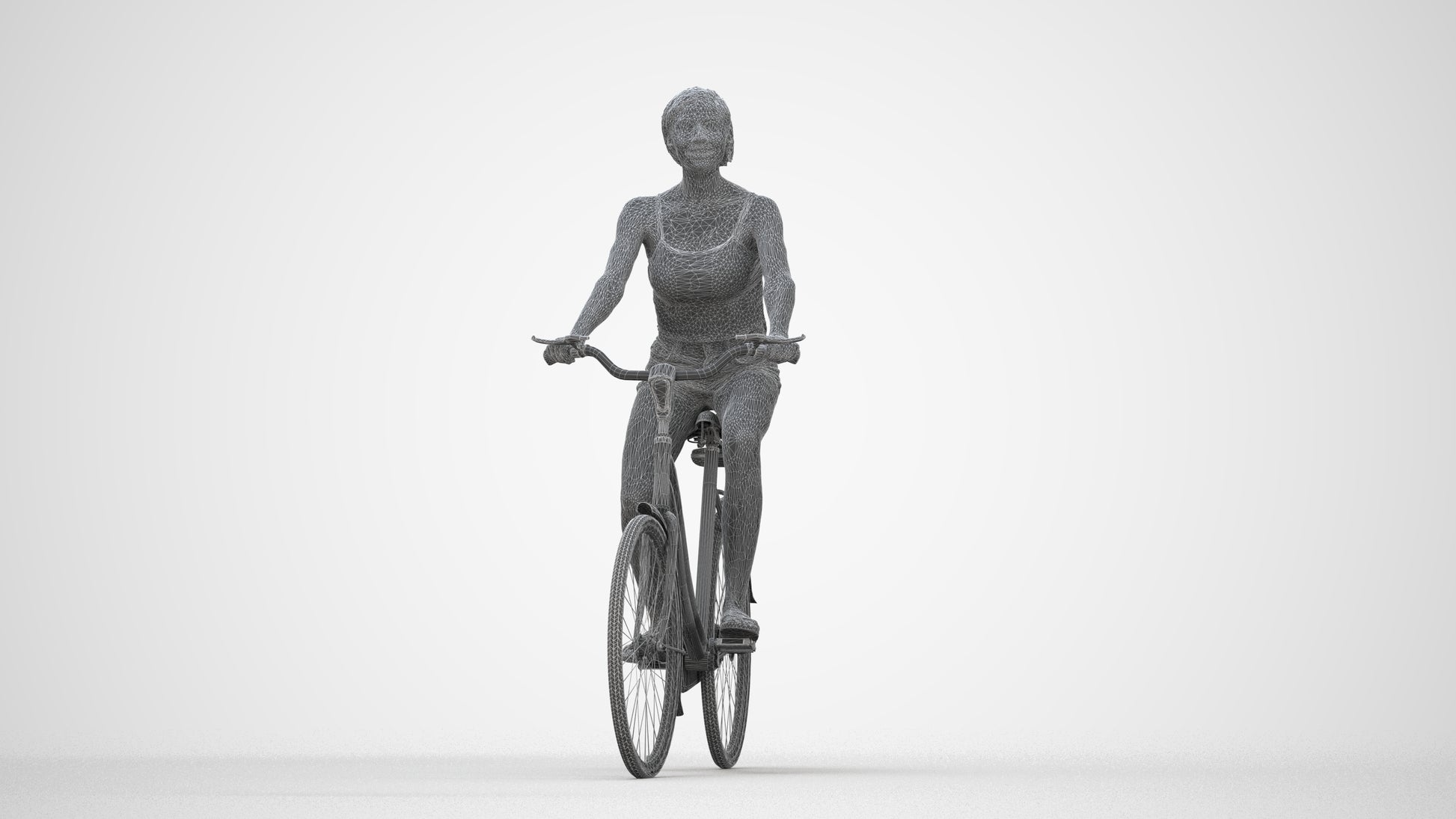 3D human model woman casual cycling, photogrammetry scanned person for archviz, wireframe back view
