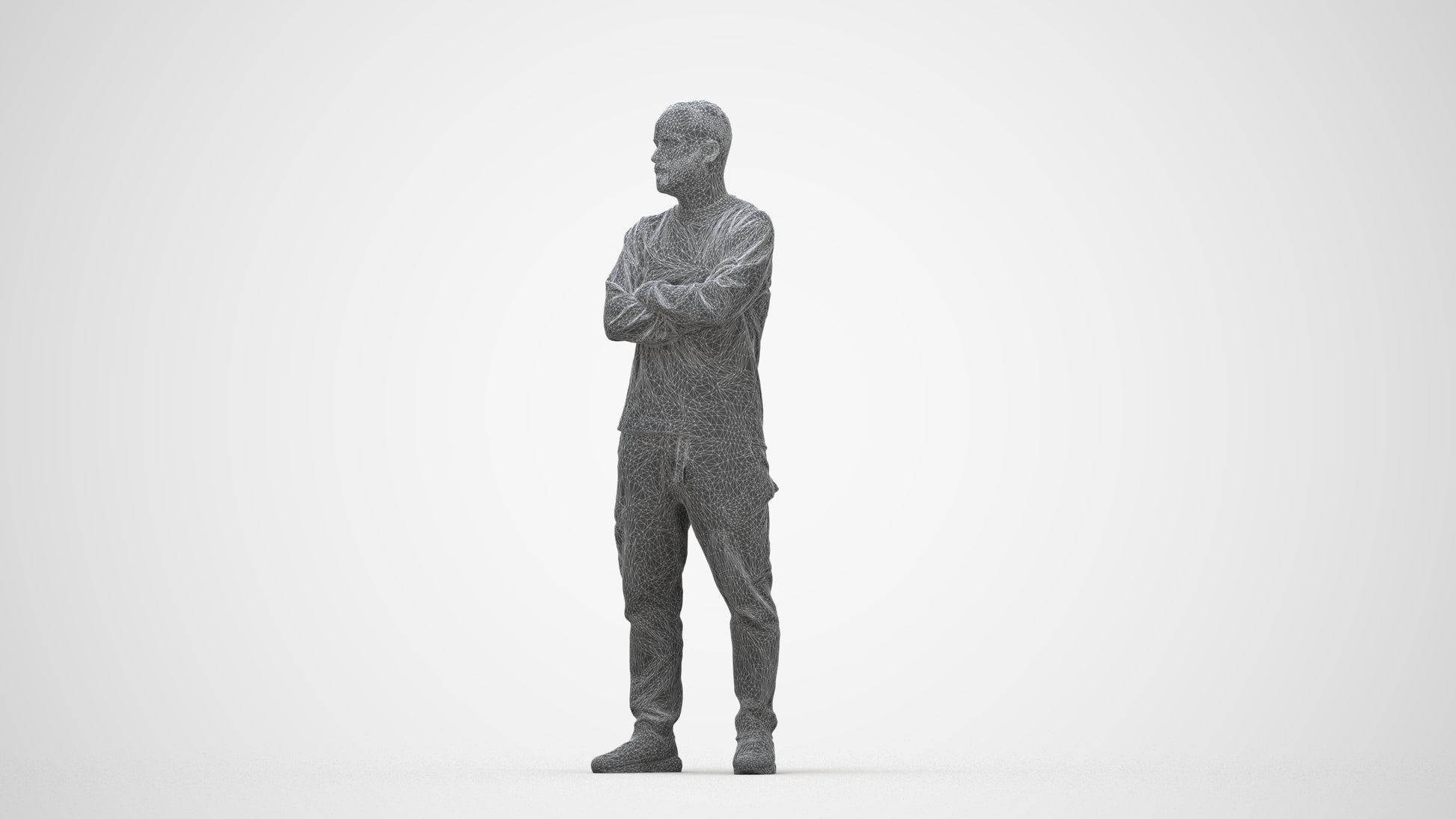 3D human model man casual standing, photogrammetry scanned person for archviz, wireframe back view