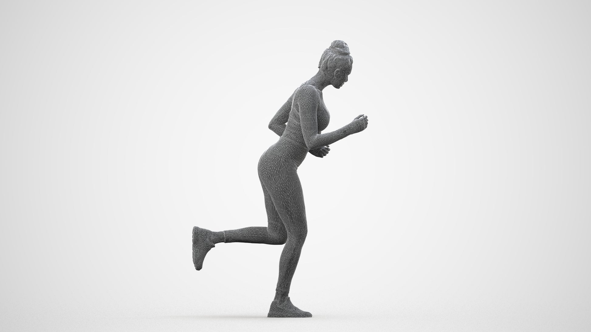3D human model woman sport, photogrammetry scanned person for archviz, wireframe side view