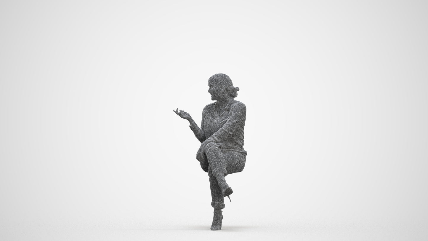 3D people model woman casual sitting, scanned human for 3ds Max rendering, three-quarter front view render