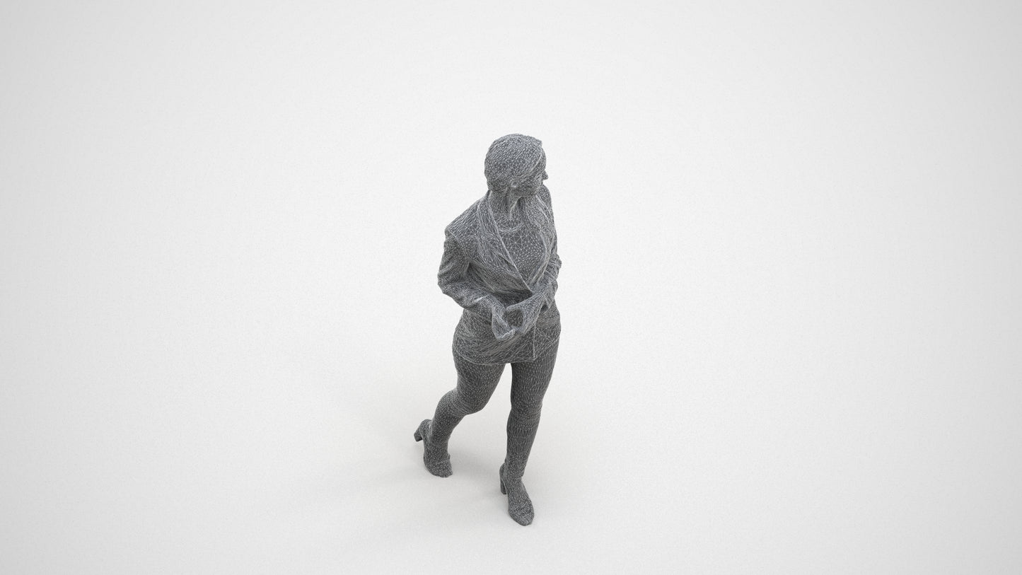 realistic 3D human woman business walking, archviz people FBX OBJ for Blender, wireframe three-quarter view