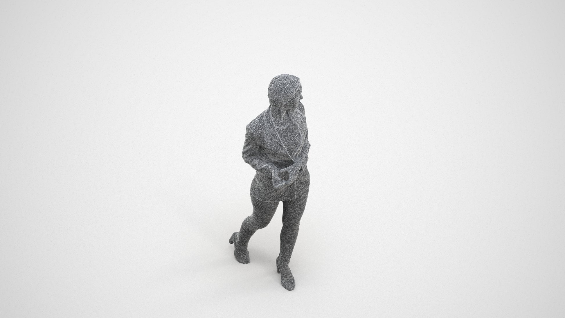 realistic 3D human woman business walking, archviz people FBX OBJ for Blender, wireframe three-quarter view