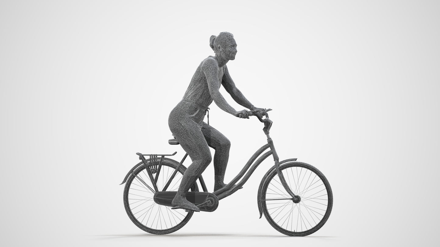 realistic 3D human woman casual cycling, archviz people FBX OBJ for Blender, wireframe side view