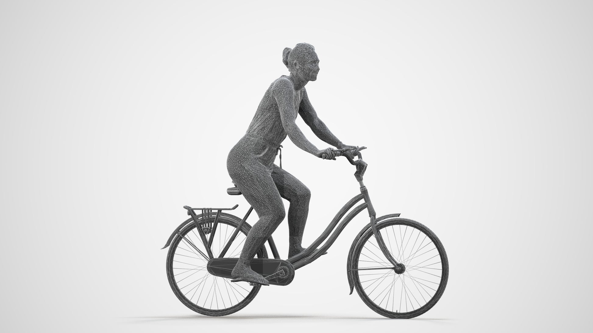 realistic 3D human woman casual cycling, archviz people FBX OBJ for Blender, wireframe side view