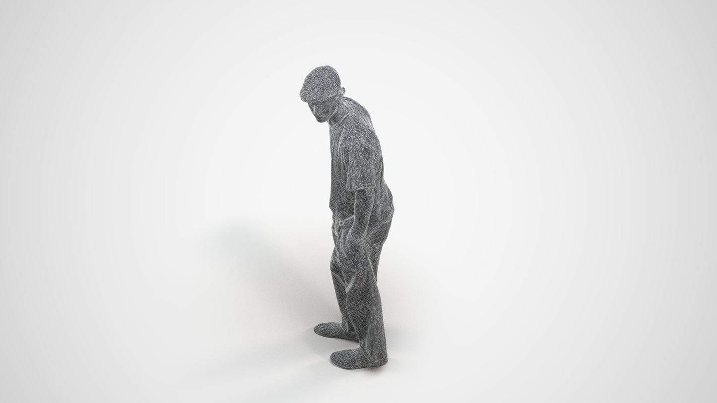 3D scanned man standing casual, photorealistic archviz people for Enscape and SketchUp, wireframe three-quarter view
