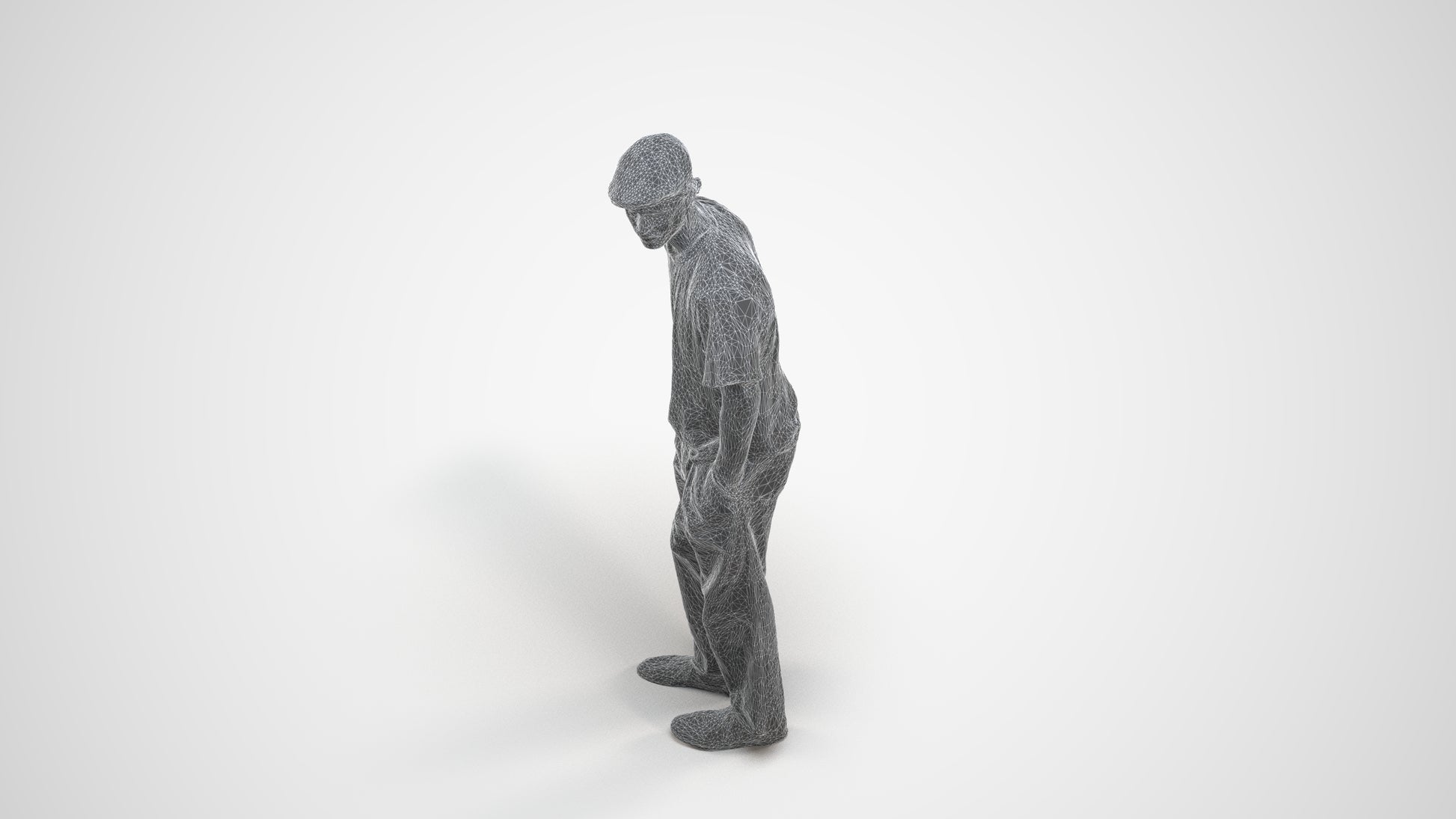 3D scanned man standing casual, photorealistic archviz people for Enscape and SketchUp, wireframe three-quarter view