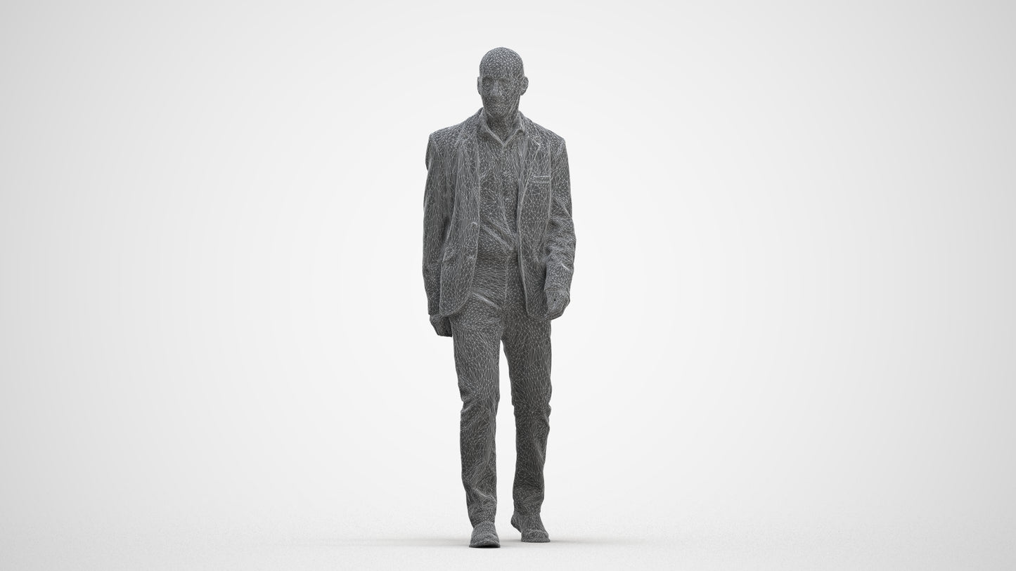 3D human model senior man business, photogrammetry scanned person for archviz, three-quarter front view render