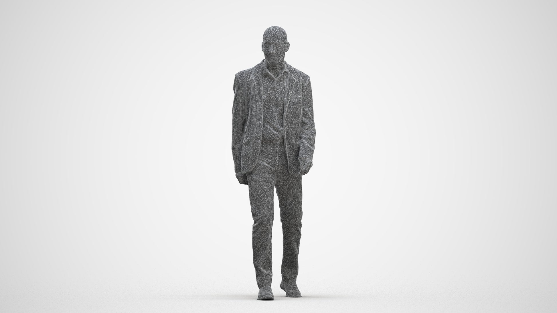3D human model senior man business, photogrammetry scanned person for archviz, three-quarter front view render