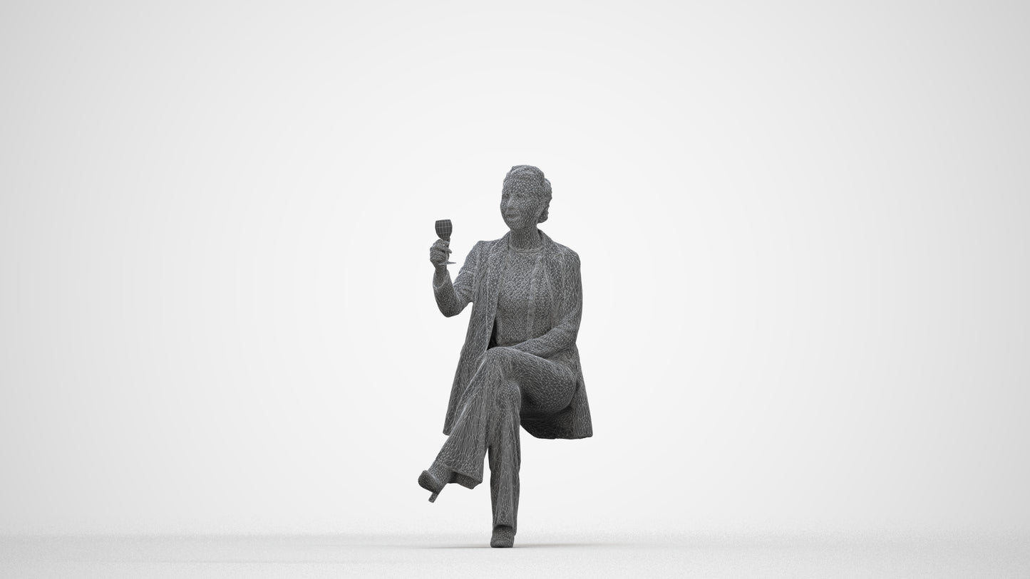 3D human model woman business sitting, photogrammetry scanned person for archviz, wireframe back view