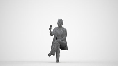 3D human model woman business sitting, photogrammetry scanned person for archviz, wireframe back view