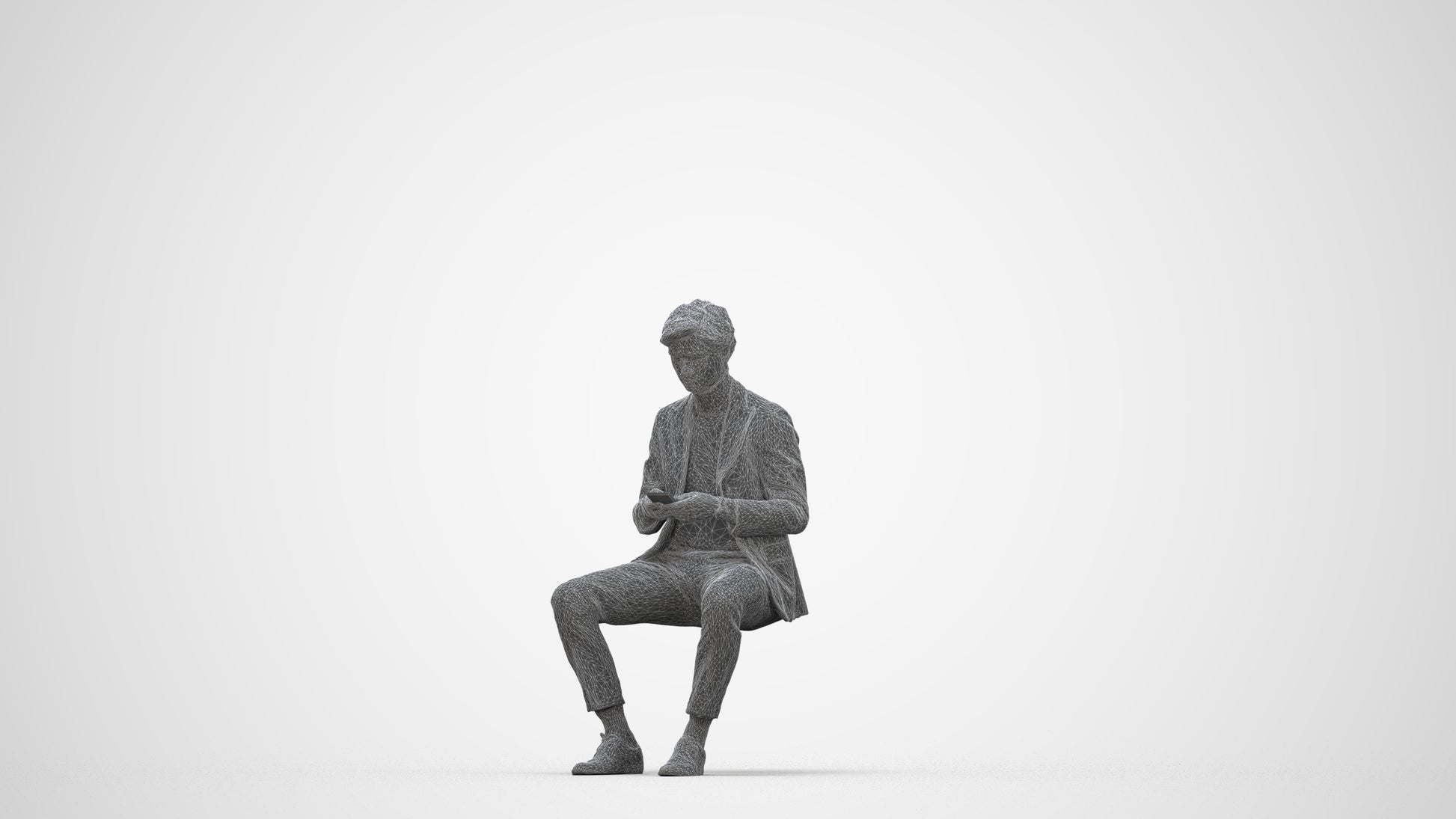 photogrammetry 3D man business sitting, realistic human model archviz FBX, wireframe back view