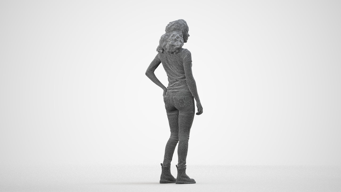 realistic 3D human woman casual standing, archviz people FBX OBJ for Blender, wireframe side view