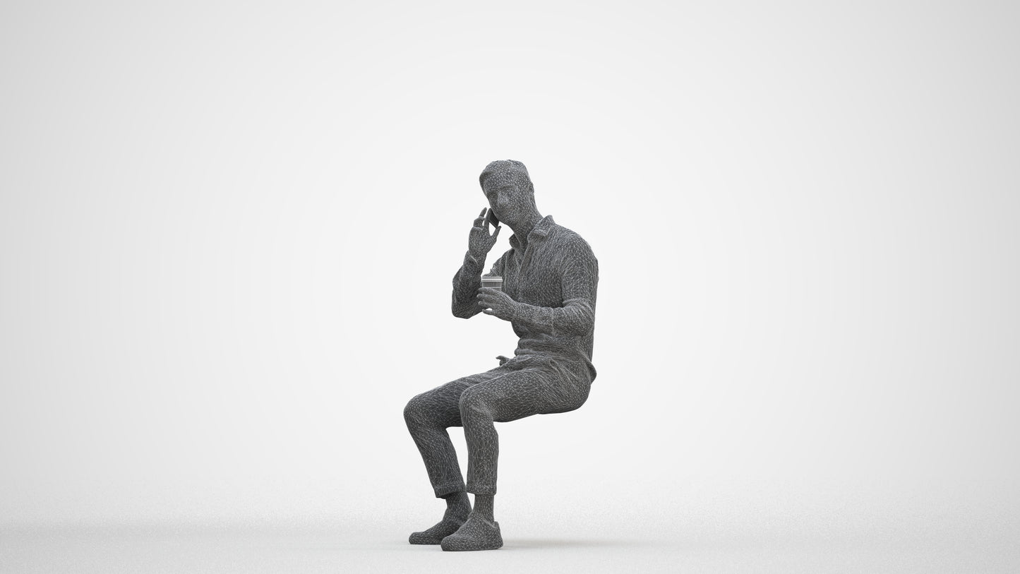 realistic 3D people man casual sitting, render-ready for V-Ray and Corona, FBX OBJ, three-quarter front view render