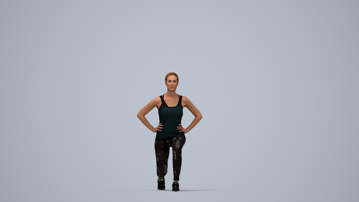 3D human model woman sport standing, photogrammetry scanned person for archviz, top-down view render