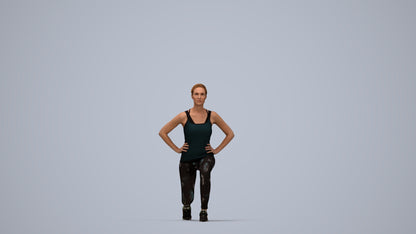 3D human model woman sport standing, photogrammetry scanned person for archviz, top-down view render