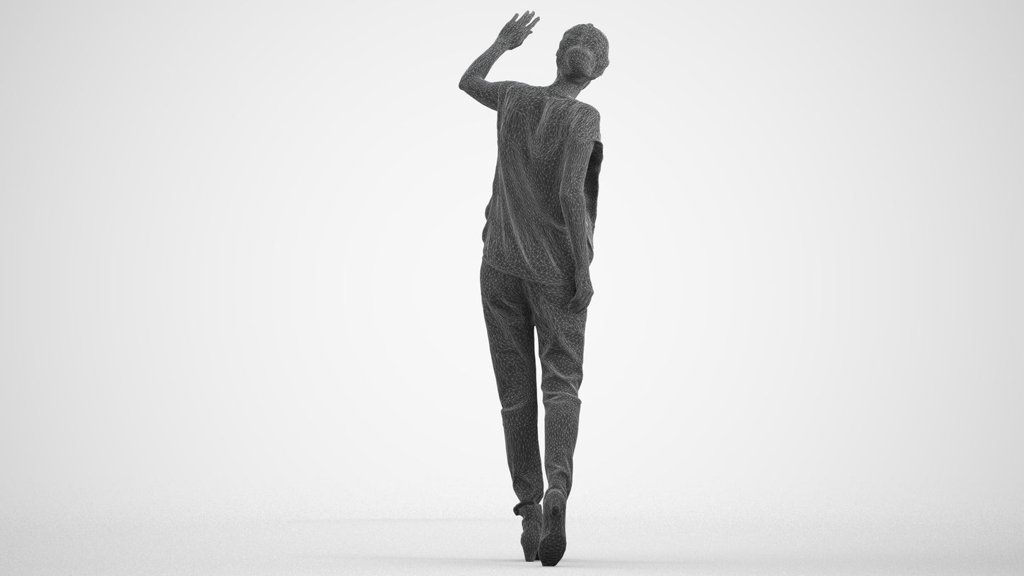 3D scanned woman standing casual, photorealistic archviz people for Enscape and SketchUp, wireframe front view