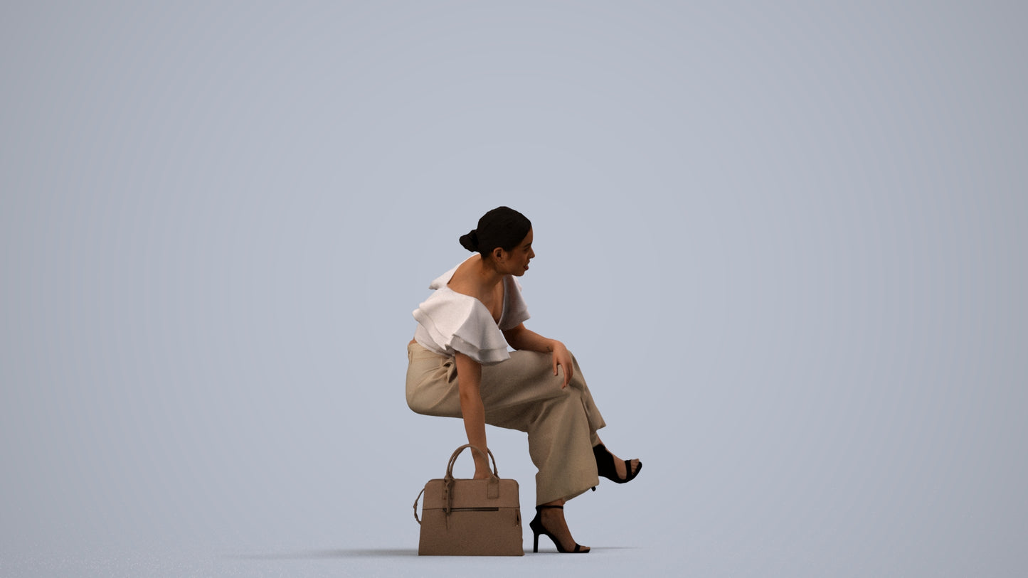 realistic 3D human woman casual sitting, archviz people FBX OBJ for Blender, side view render