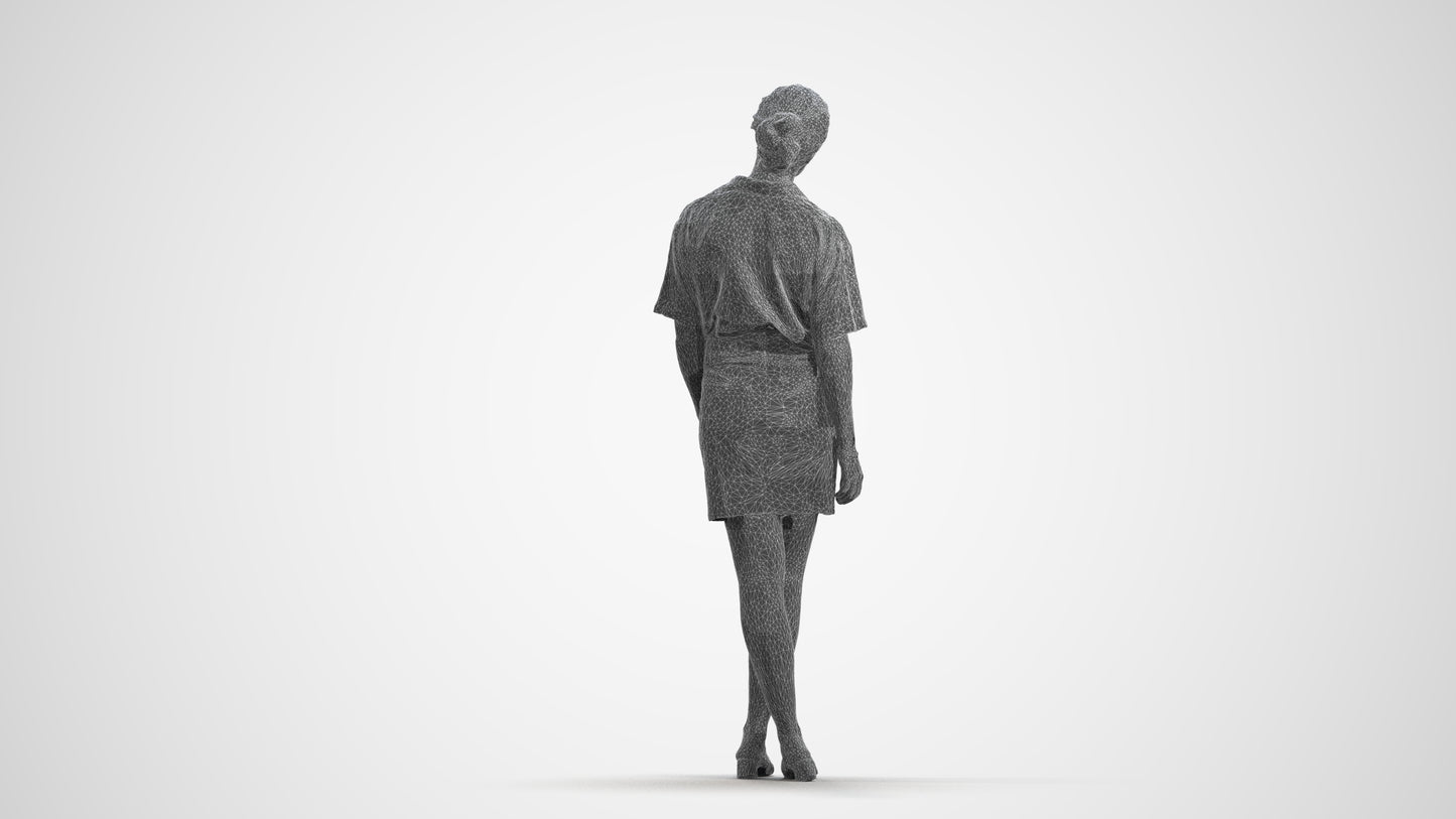 realistic 3D people woman casual standing, render-ready for V-Ray and Corona, FBX OBJ, wireframe front view