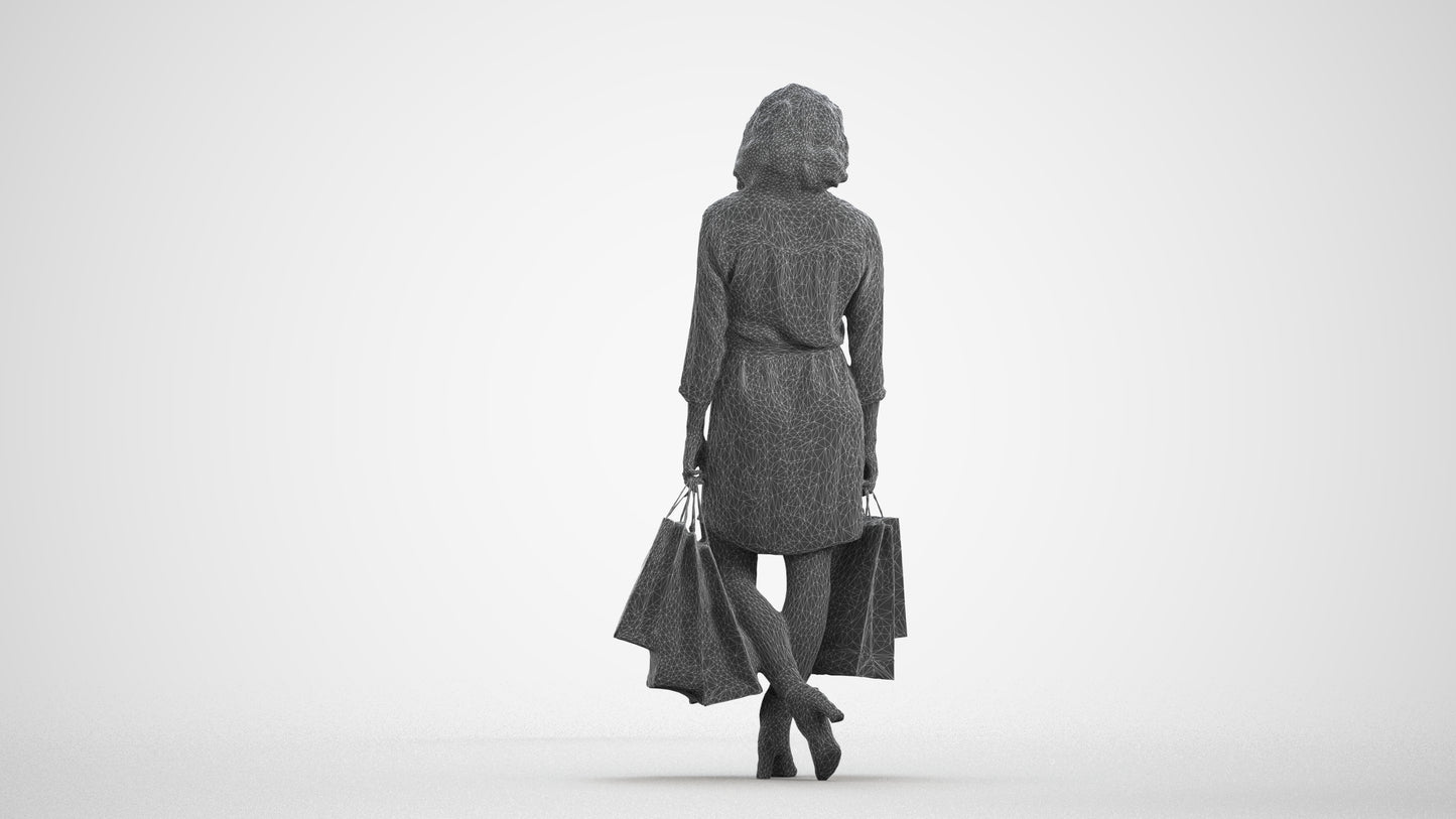 3D human model woman casual shopping, photogrammetry scanned person for archviz, wireframe front view