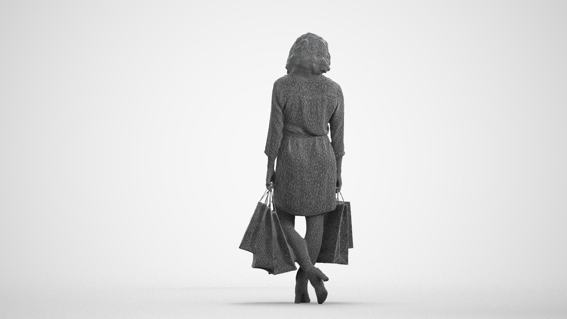 3D human model woman casual shopping, photogrammetry scanned person for archviz, wireframe front view