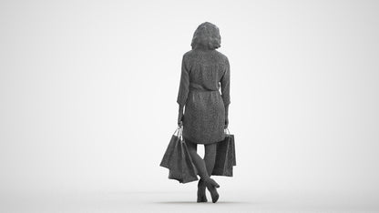 3D human model woman casual shopping, photogrammetry scanned person for archviz, wireframe front view