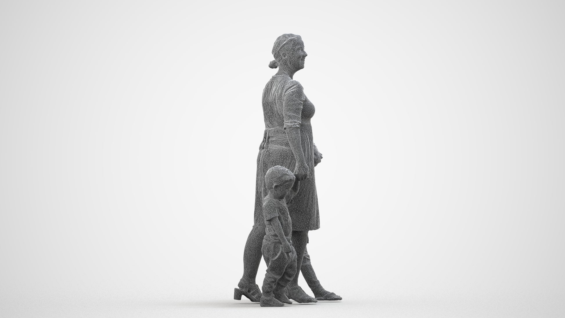 3D human model girl casual kids, photogrammetry scanned person for archviz, wireframe side view