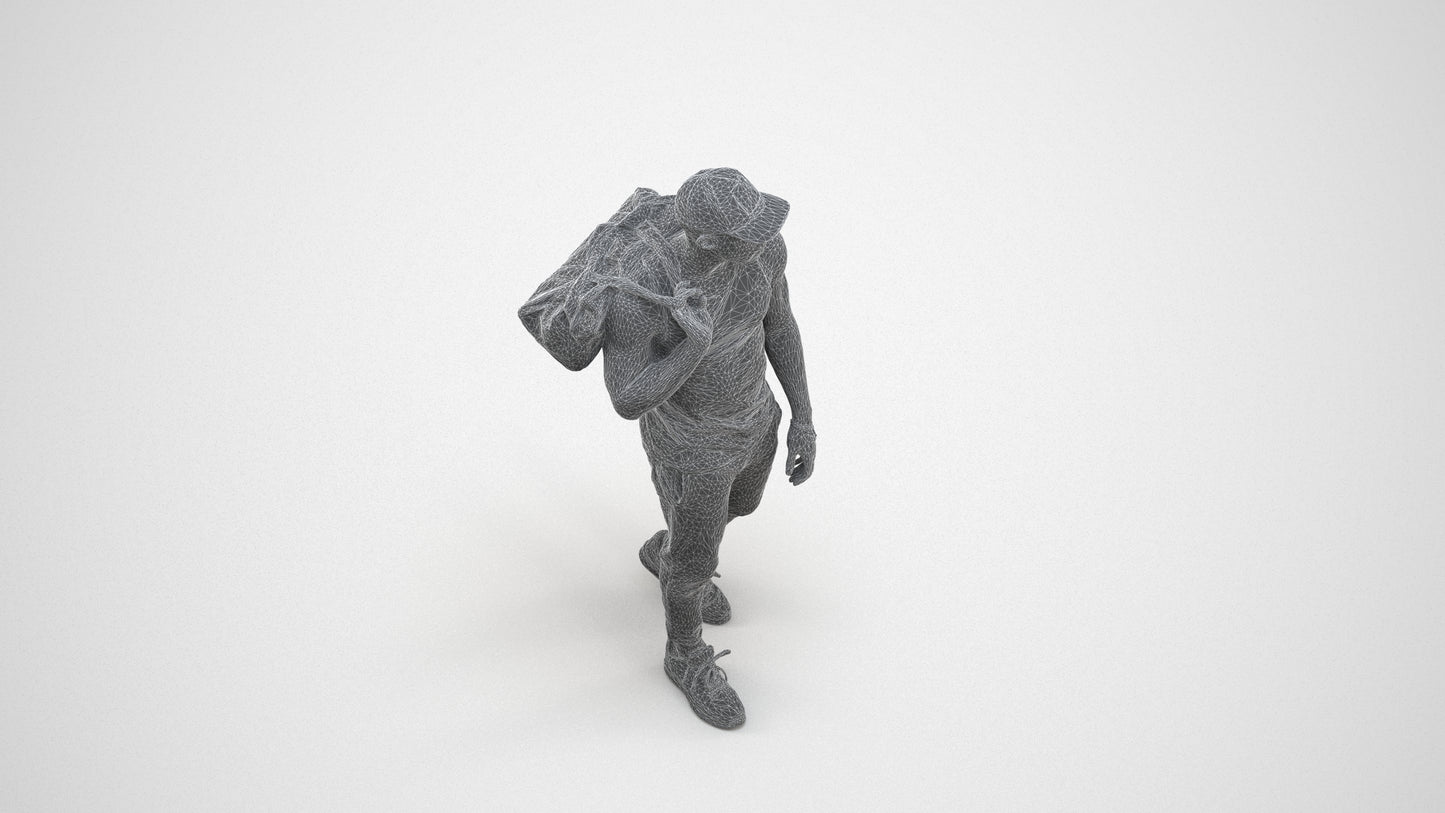 photogrammetry 3D man casual walking, realistic human model archviz FBX, wireframe three-quarter view