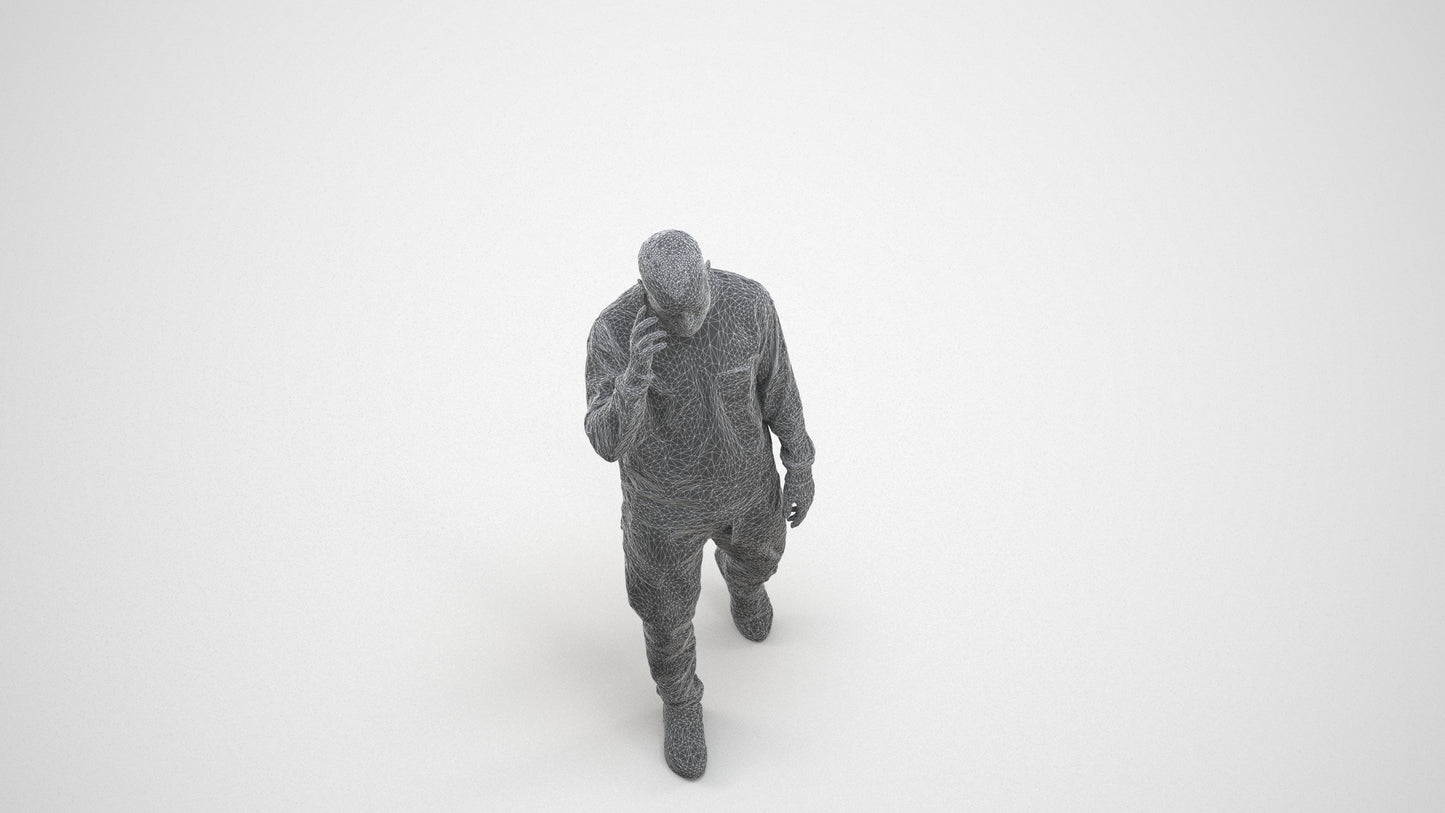 3D scanned man walking casual, photorealistic archviz people for Enscape and SketchUp, wireframe three-quarter view