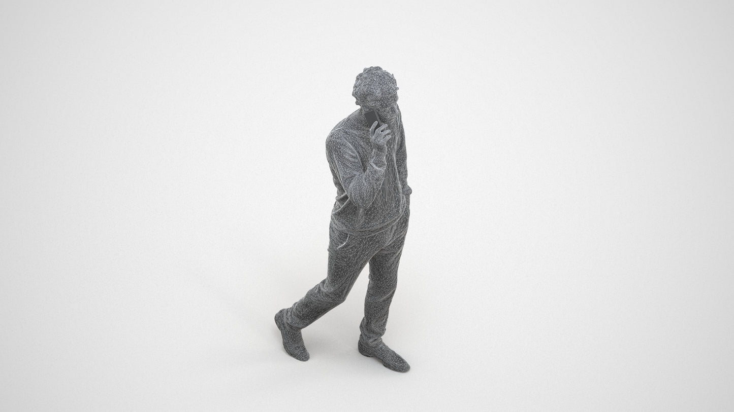 3D human model man casual walking, photogrammetry scanned person for archviz, wireframe three-quarter view