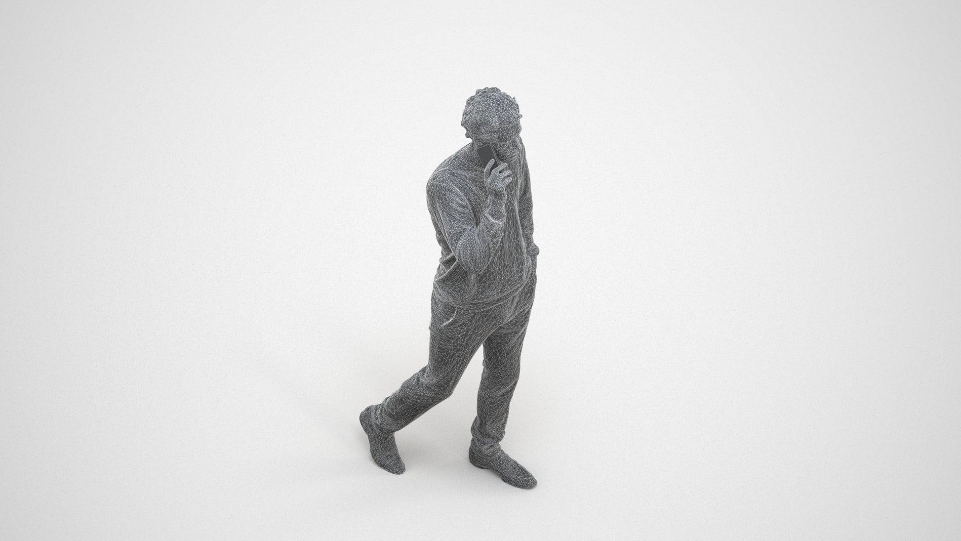 3D human model man casual walking, photogrammetry scanned person for archviz, wireframe three-quarter view