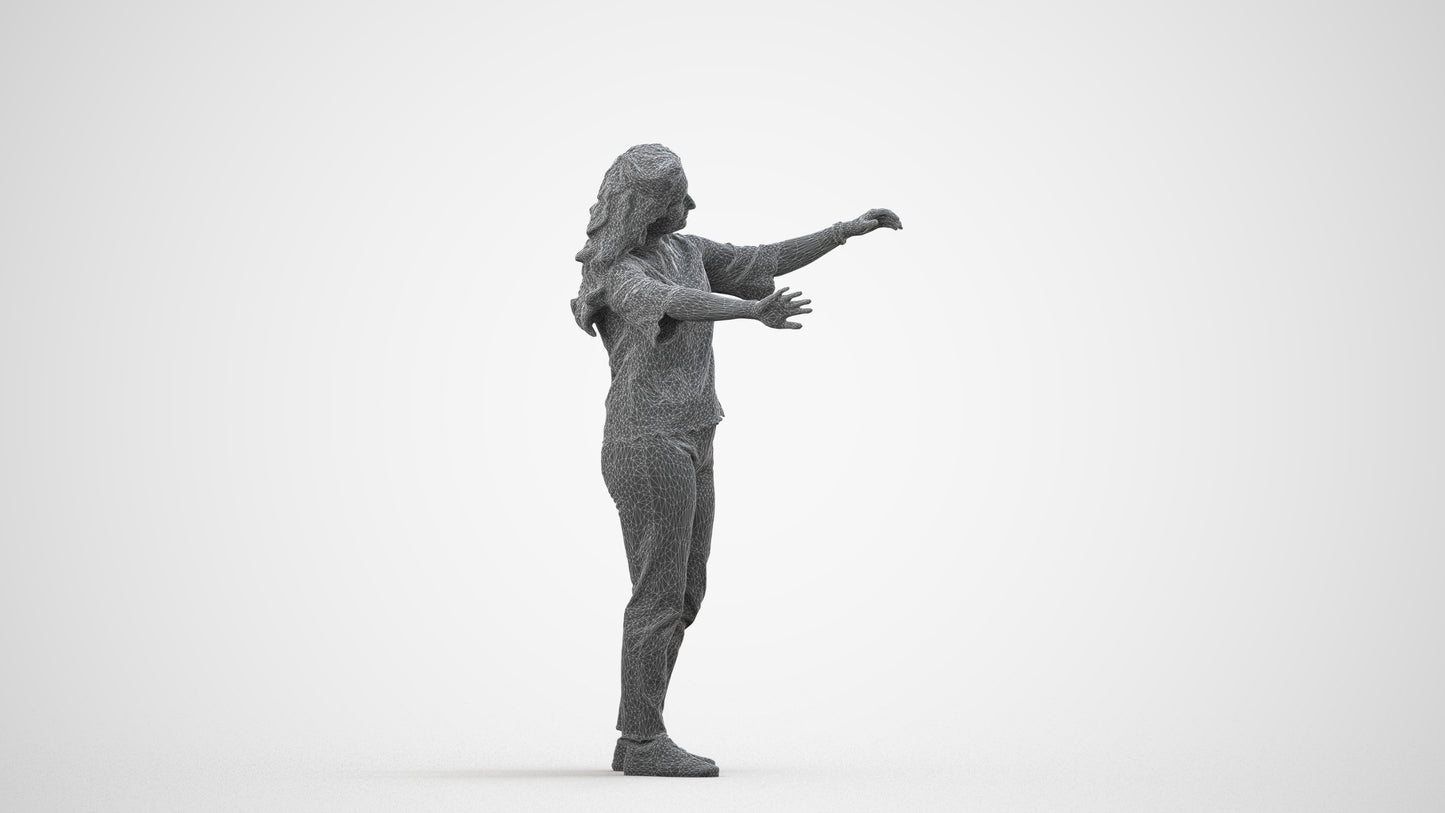 realistic 3D woman casual standing, scanned archviz people for Blender and 3ds Max, wireframe side view