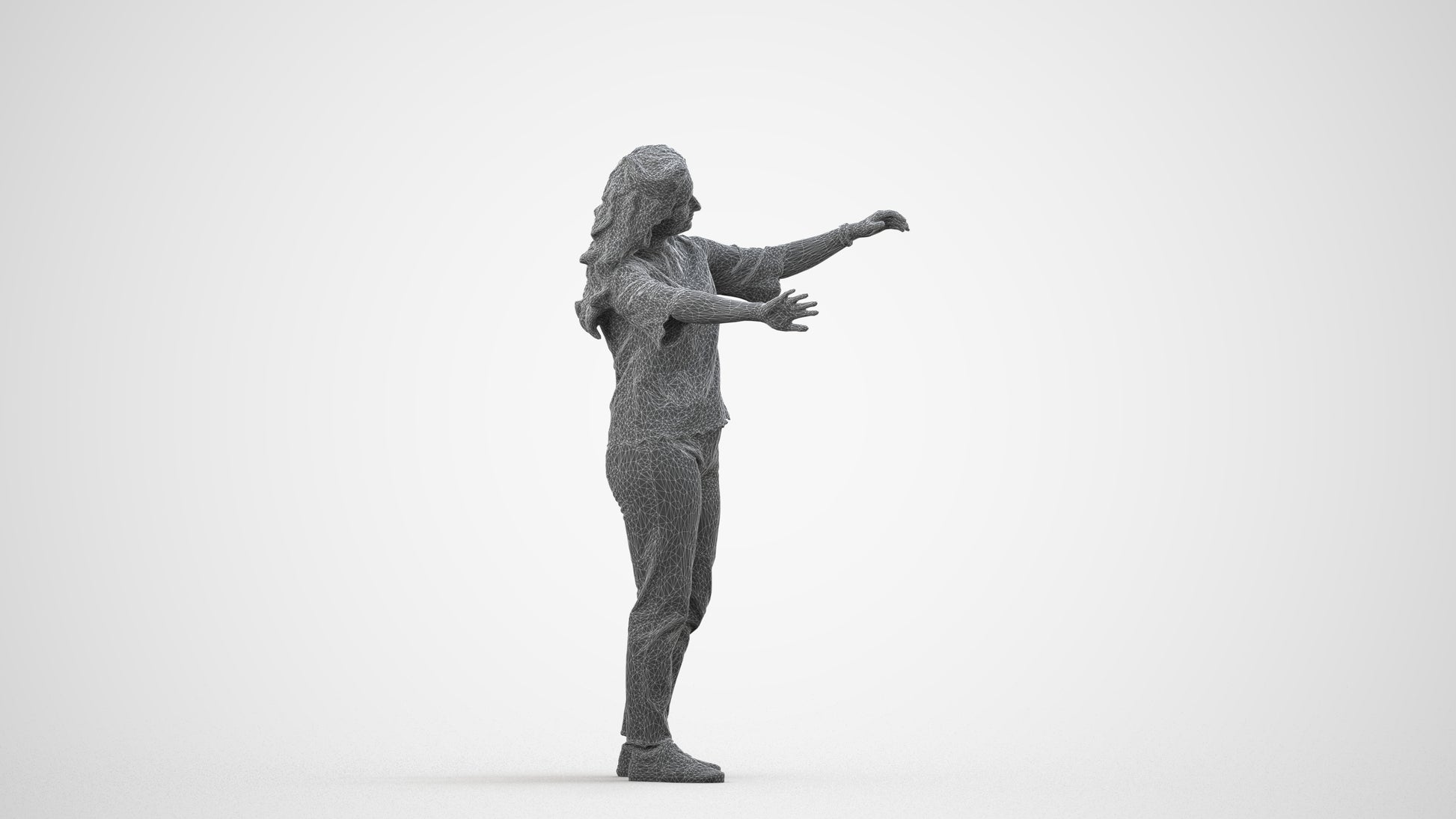 realistic 3D woman casual standing, scanned archviz people for Blender and 3ds Max, wireframe side view