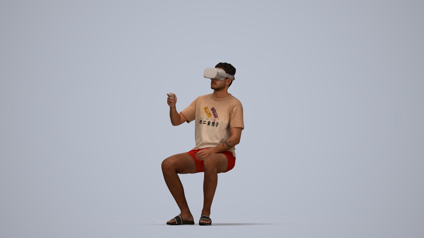 3D human model man casual sitting, photogrammetry scanned person for archviz, top-down view render