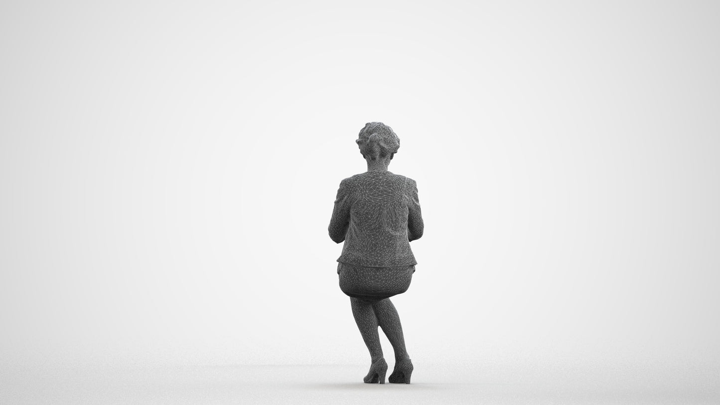 photogrammetry 3D woman business sitting, realistic human model archviz FBX, wireframe front view