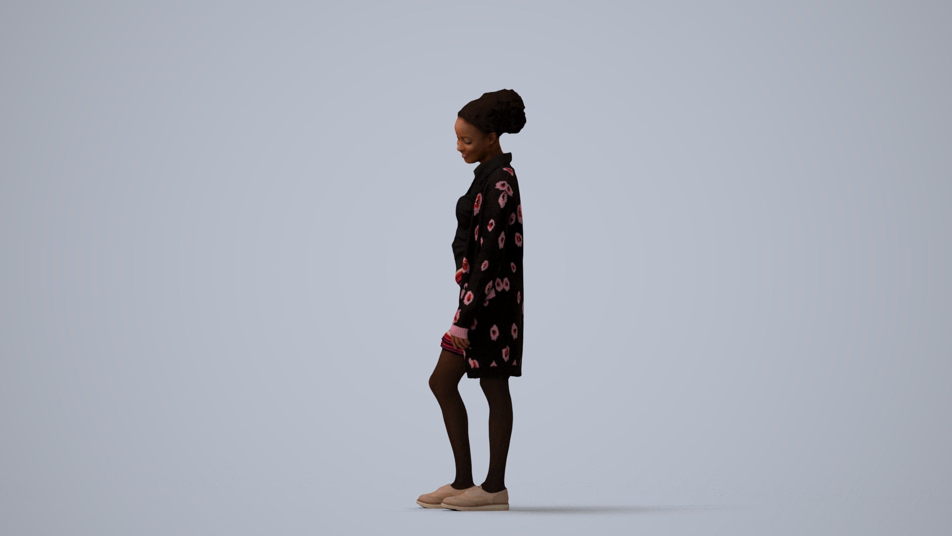 realistic 3D people woman casual standing, render-ready for V-Ray and Corona, FBX OBJ, three-quarter view render