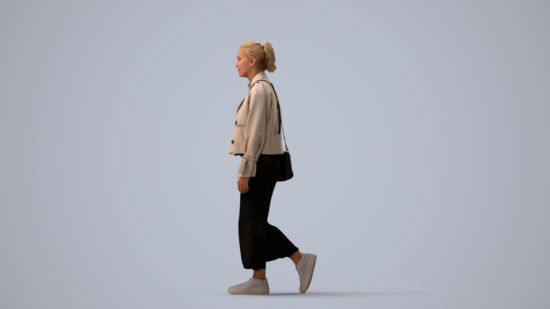 3D human model woman casual walking, photogrammetry scanned person for archviz, three-quarter view render